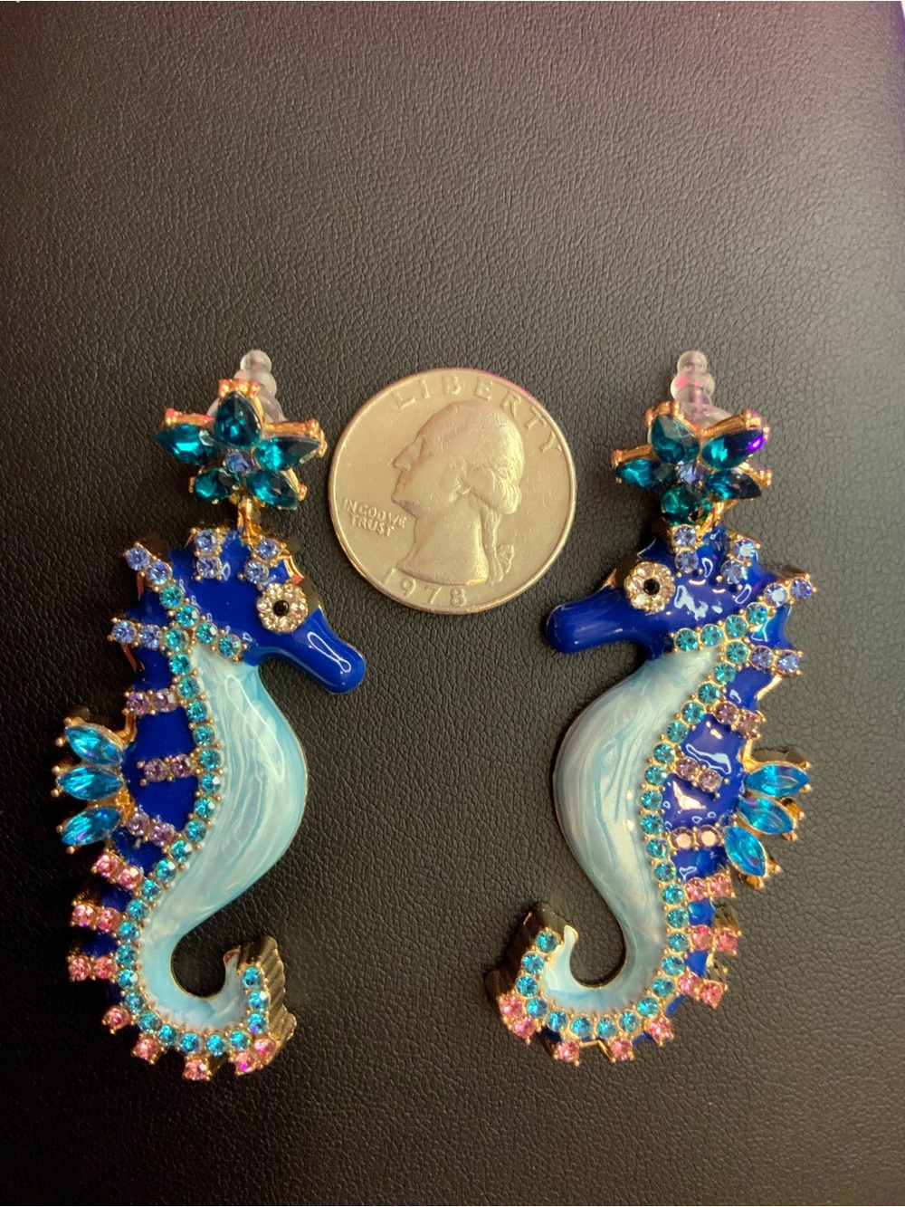 Large Whimsical SeaHorse Earrings Beautiful Blue w/Rhinestones (Z-30) - Picture 2 of 3